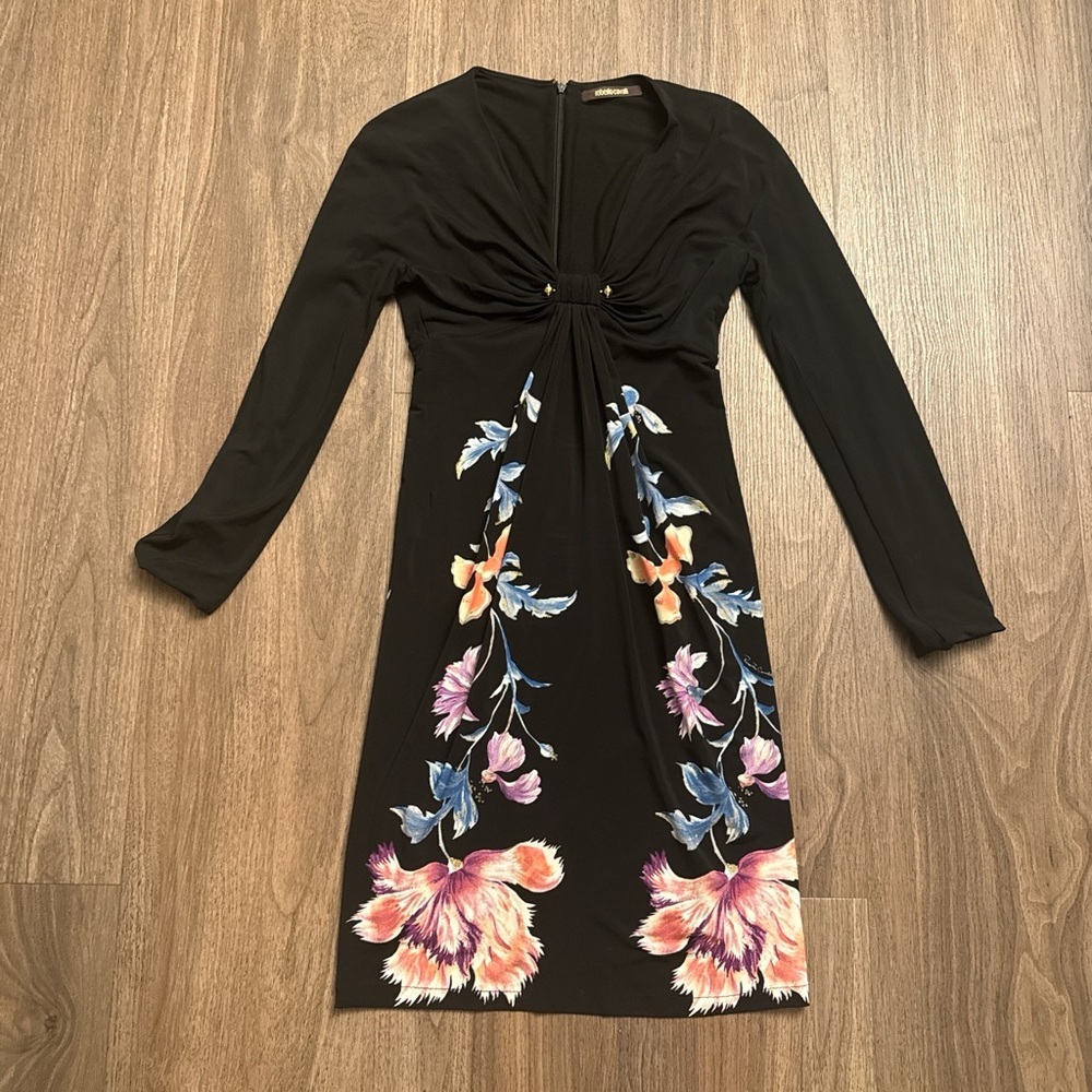 Roberto Cavalli, Matte jersey Black Floral Twist-Front Long Sleeve Dress xs/s - Picture 4 of 8